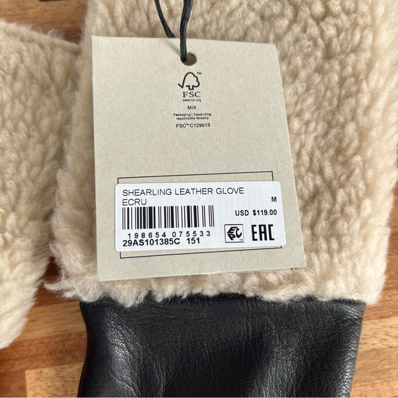 AllSaints Shearling Black Leather Gloves with Ecru Shearling cuff Zipper details - Picture 4 of 13
